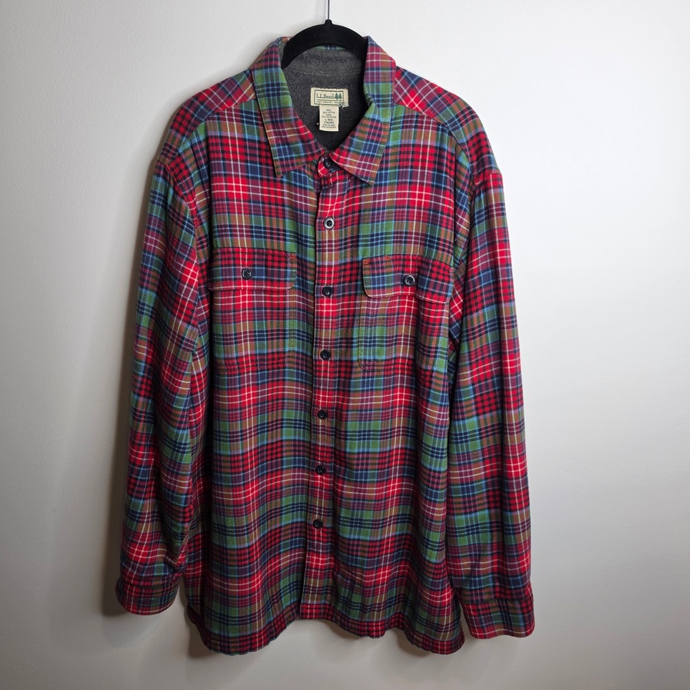 LL Bean Flannel Shirt Jacket Mens Large Fleece Lined Red Plaid